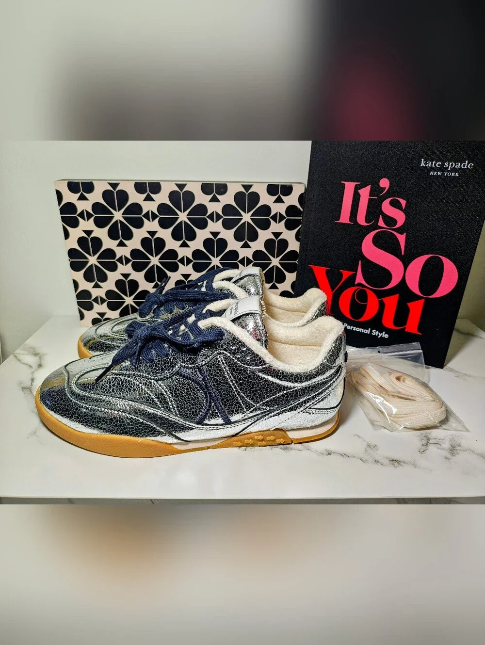 NEW!  Kate Spade Silver Crackle Leather Sneakers with Navy Laces Sells For $228.
